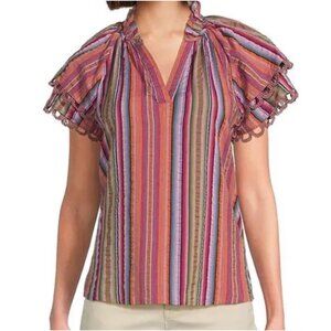 Democracy Double Flounce Crochet Sleeve Striped Cotton Top XS Pink Multi new tag